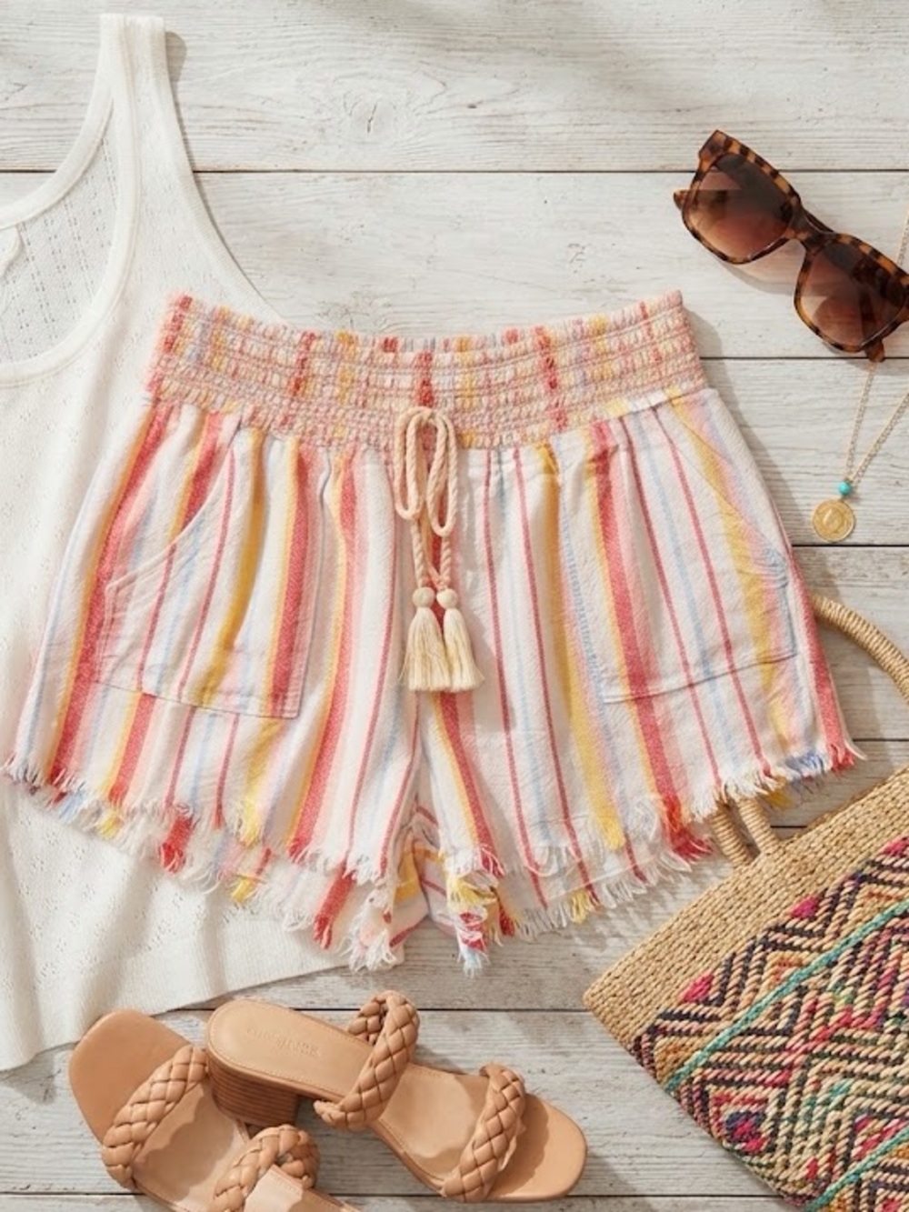 Rewash White Striped High-Waist Tassel Shorts